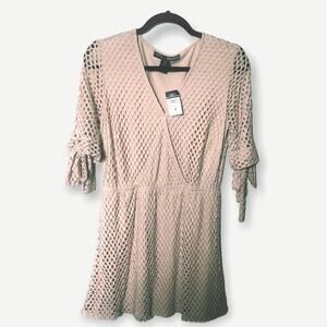 NUDE COLOR SKATER STYLE DRESS WITH NETTED OVERLAY AND BOW SLEEVES-BNWT